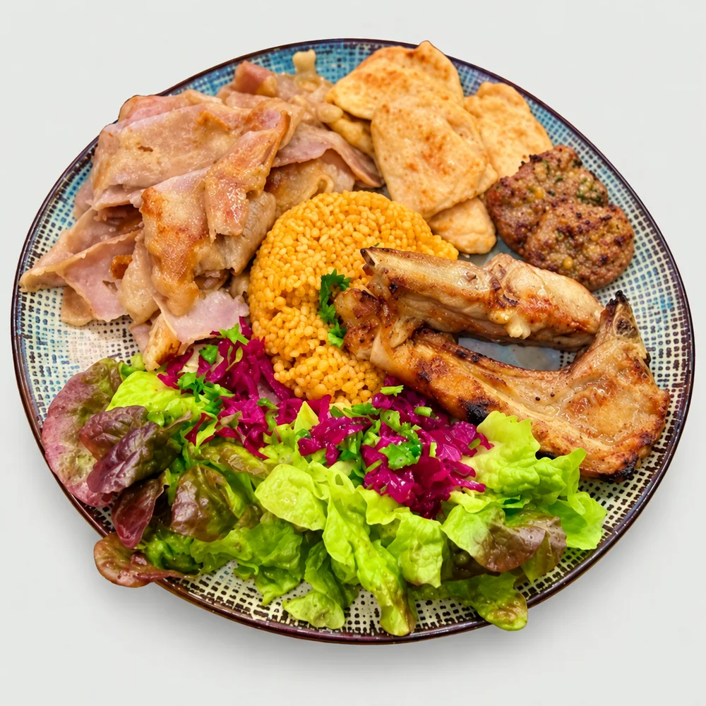 Assiette kefta avec frites, boulgour et salade, Fresh Food